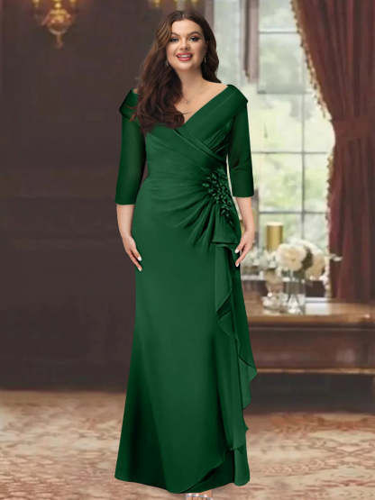 Plus Size Floor-Length V-Neck Sheath Mother of the Bride Dress with Ruffles and Appliques-BMbridal