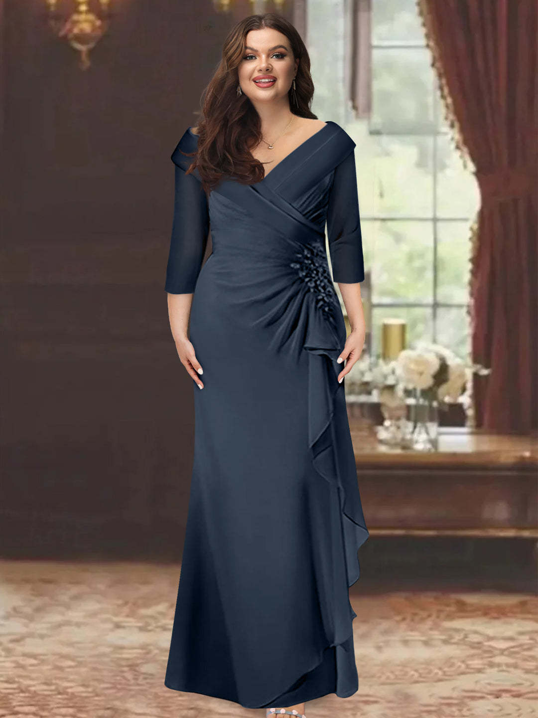 Plus Size Floor-Length V-Neck Sheath Mother of the Bride Dress with Ruffles and Appliques-BMbridal