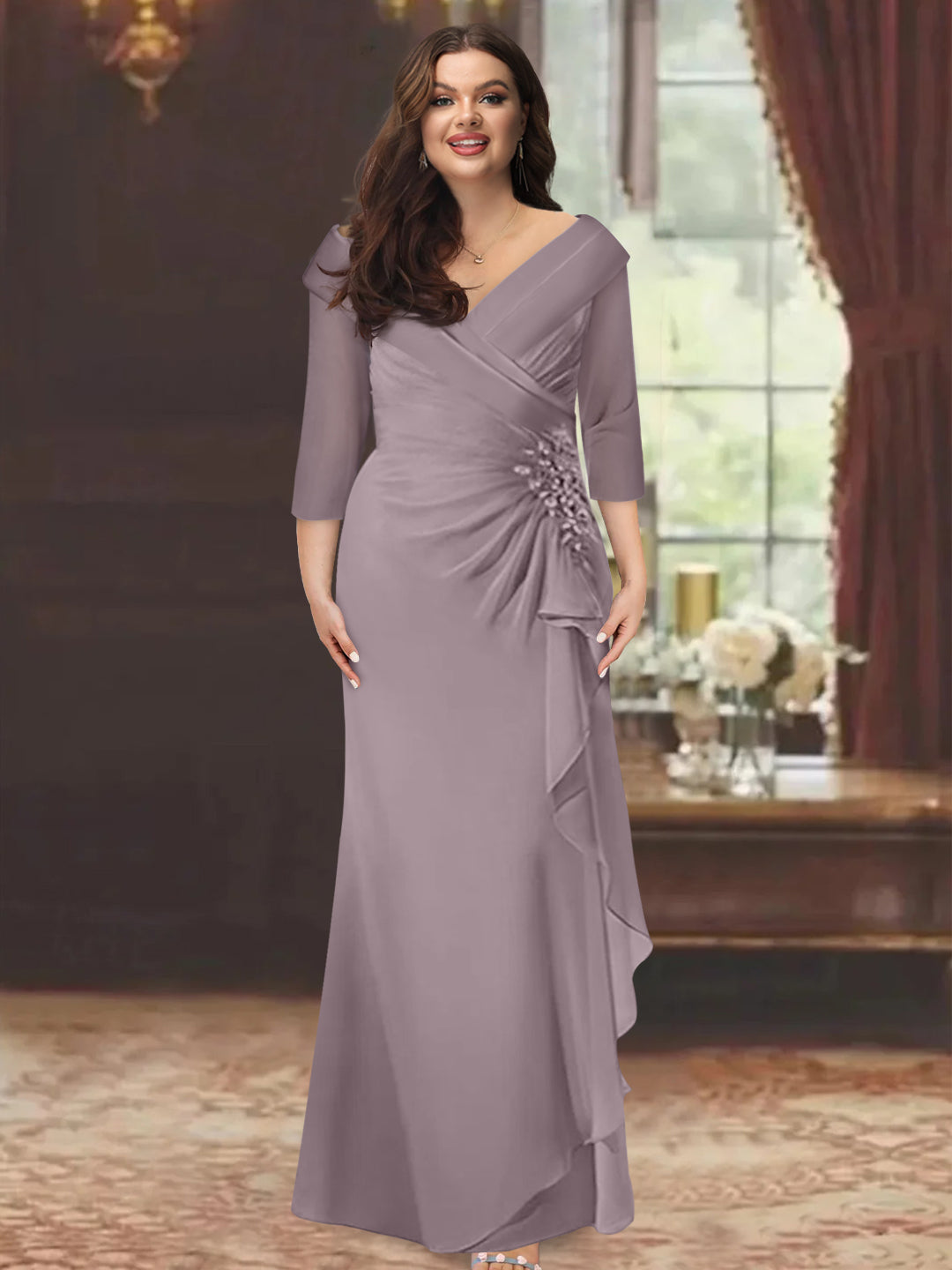 Plus Size Floor-Length V-Neck Sheath Mother of the Bride Dress with Ruffles and Appliques-BMbridal