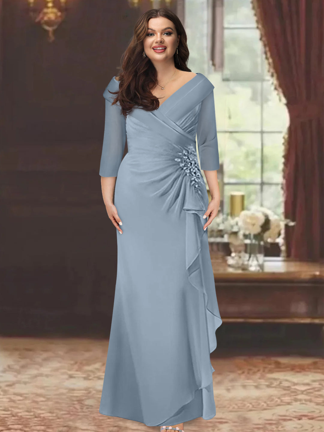 Plus Size Floor-Length V-Neck Sheath Mother of the Bride Dress with Ruffles and Appliques-BMbridal