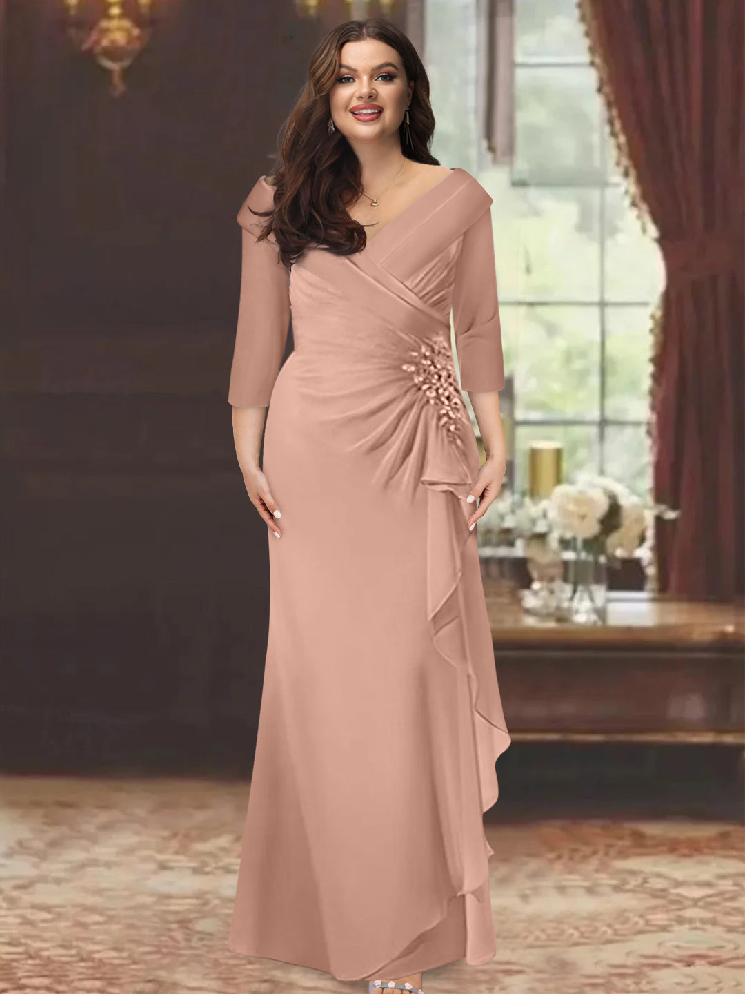 Plus Size Floor-Length V-Neck Sheath Mother of the Bride Dress with Ruffles and Appliques-BMbridal