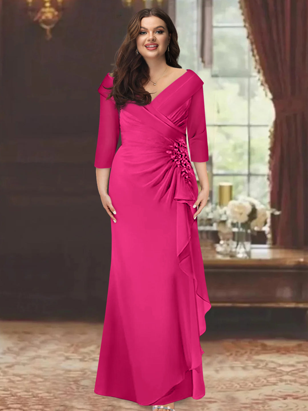 Plus Size Floor-Length V-Neck Sheath Mother of the Bride Dress with Ruffles and Appliques-BMbridal