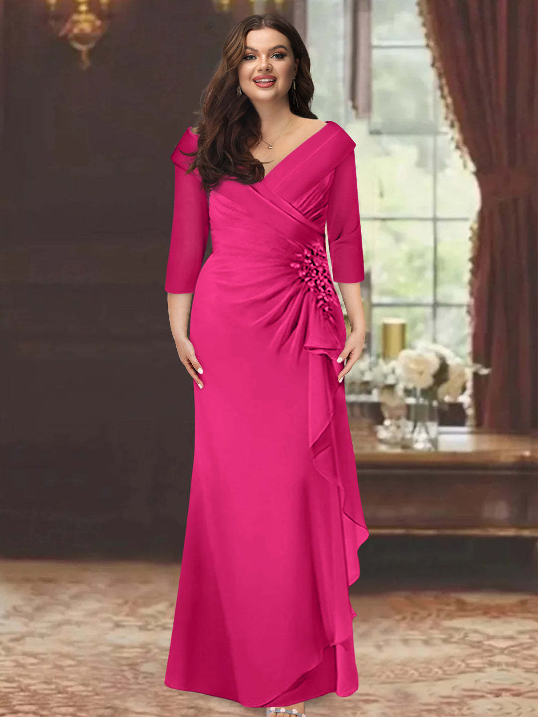 Plus Size Floor-Length V-Neck Sheath Mother of the Bride Dress with Ruffles and Appliques-BMbridal