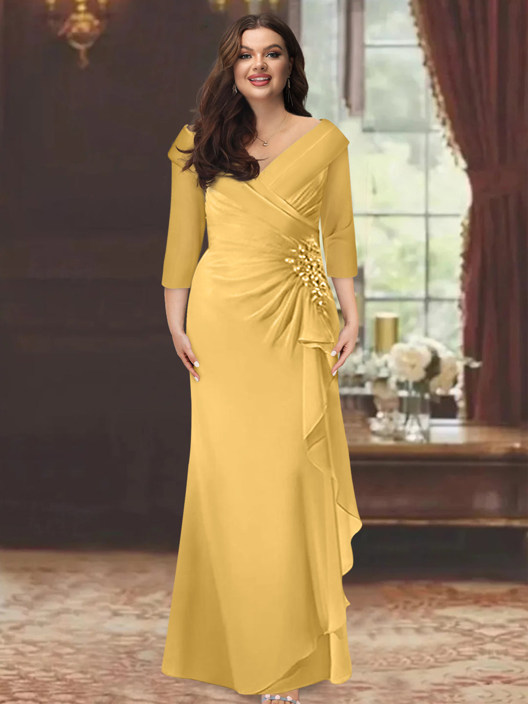 Plus Size Floor-Length V-Neck Sheath Mother of the Bride Dress with Ruffles and Appliques-BMbridal