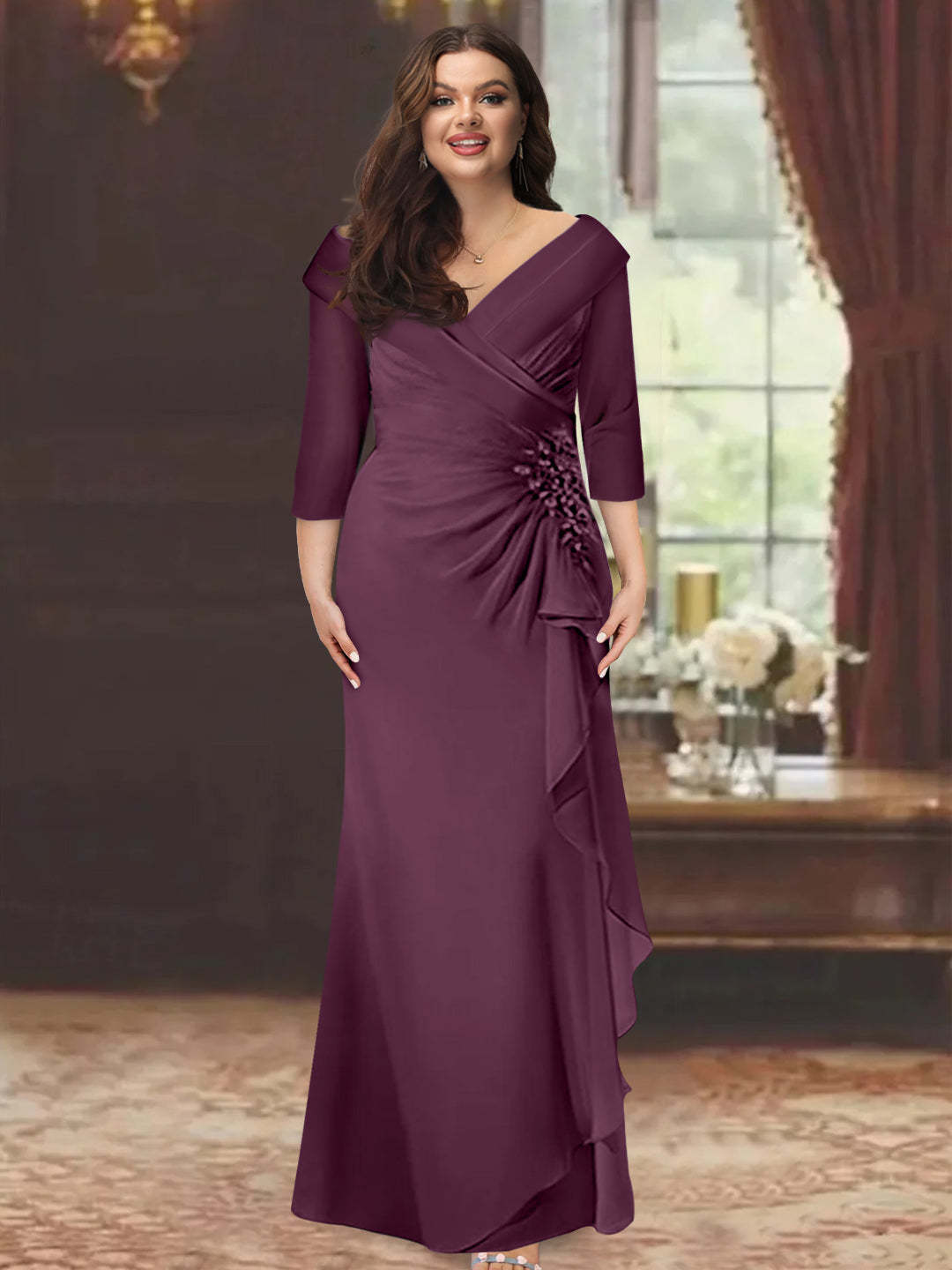 Plus Size Floor-Length V-Neck Sheath Mother of the Bride Dress with Ruffles and Appliques-BMbridal