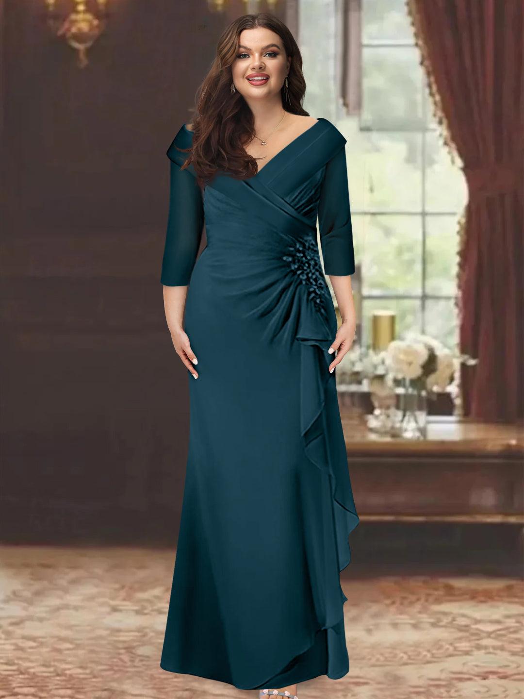 Plus Size Floor-Length V-Neck Sheath Mother of the Bride Dress with Ruffles and Appliques-BMbridal