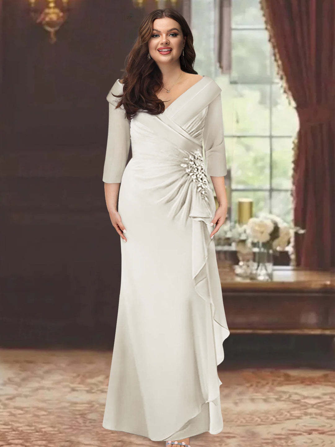 Plus Size Floor-Length V-Neck Sheath Mother of the Bride Dress with Ruffles and Appliques-BMbridal