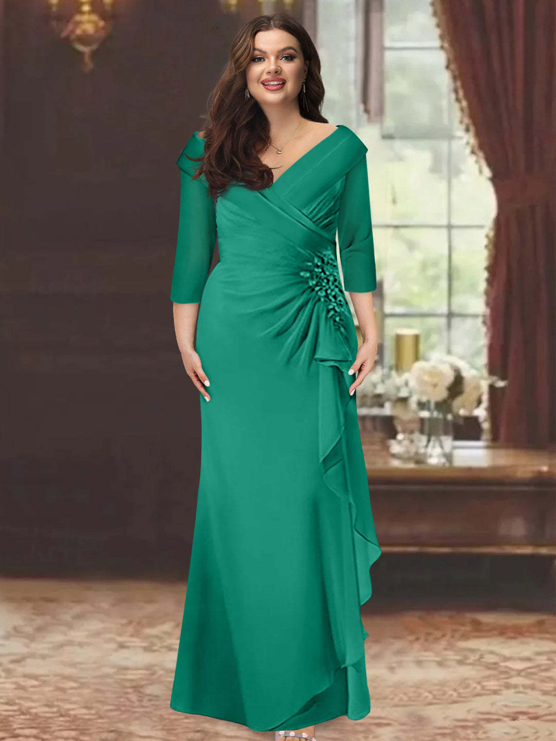 Plus Size Floor-Length V-Neck Sheath Mother of the Bride Dress with Ruffles and Appliques-BMbridal
