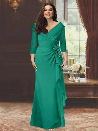 Plus Size Floor-Length V-Neck Sheath Mother of the Bride Dress with Ruffles and Appliques-BMbridal