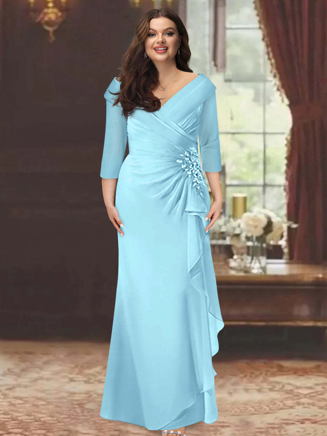 Plus Size Floor-Length V-Neck Sheath Mother of the Bride Dress with Ruffles and Appliques-BMbridal
