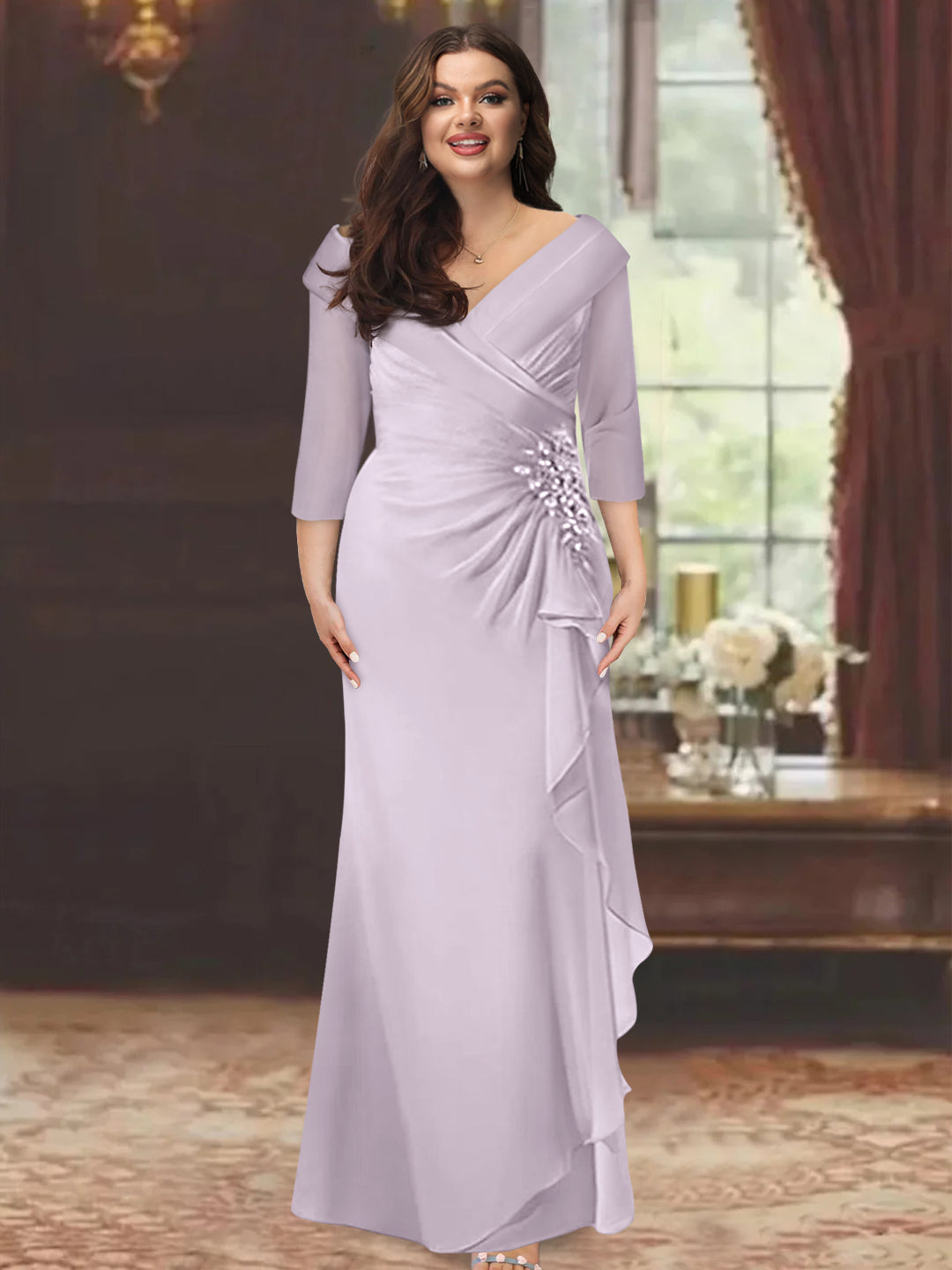 Plus Size Floor-Length V-Neck Sheath Mother of the Bride Dress with Ruffles and Appliques-BMbridal