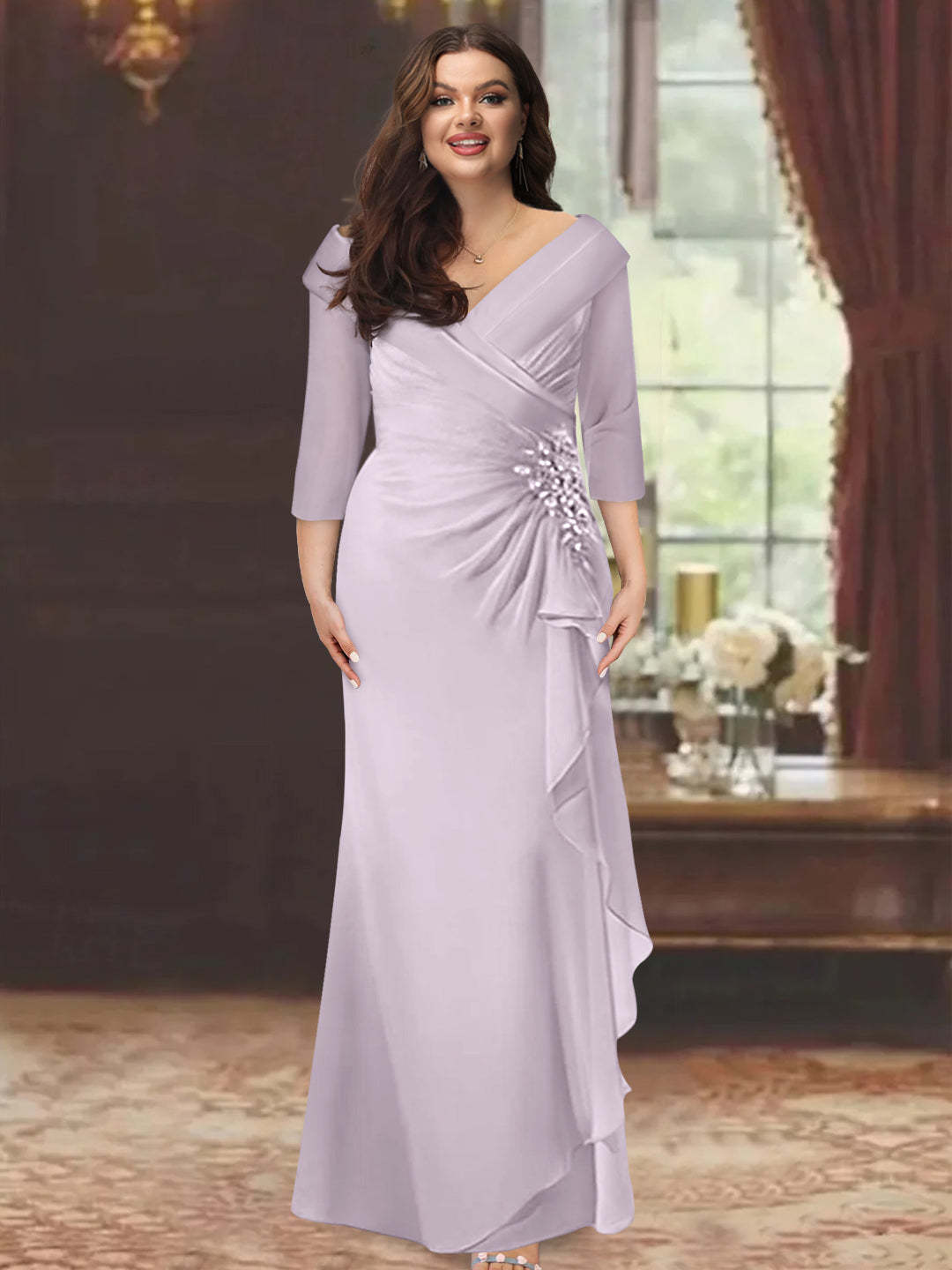 Plus Size Floor-Length V-Neck Sheath Mother of the Bride Dress with Ruffles and Appliques-BMbridal