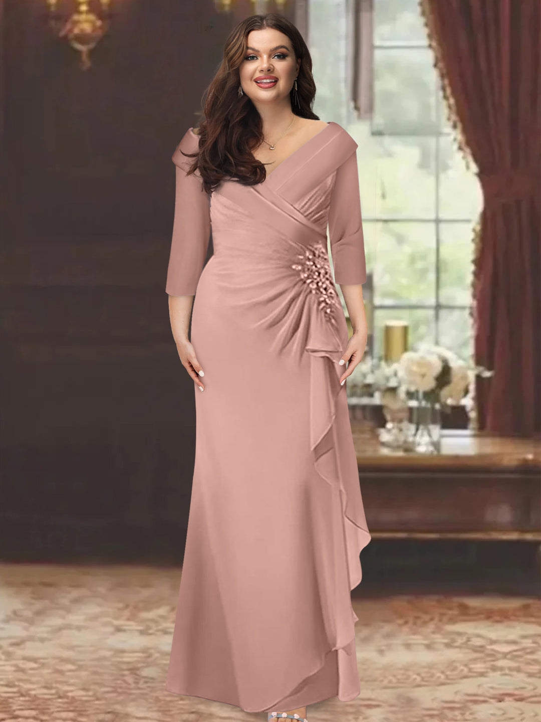 Plus Size Floor-Length V-Neck Sheath Mother of the Bride Dress with Ruffles and Appliques-BMbridal