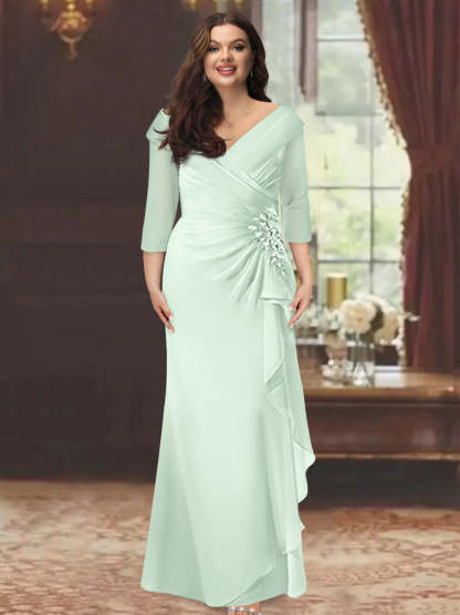 Plus Size Floor-Length V-Neck Sheath Mother of the Bride Dress with Ruffles and Appliques-BMbridal