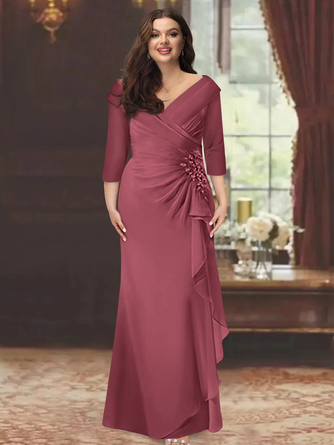Plus Size Floor-Length V-Neck Sheath Mother of the Bride Dress with Ruffles and Appliques-BMbridal