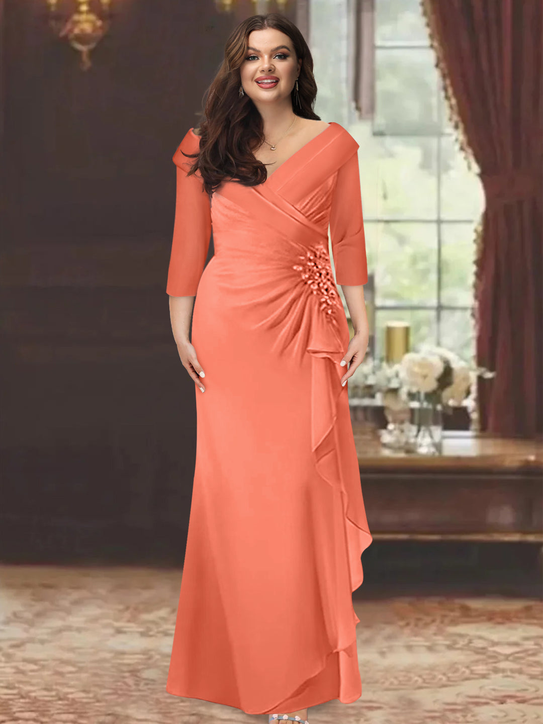 Plus Size Floor-Length V-Neck Sheath Mother of the Bride Dress with Ruffles and Appliques-BMbridal