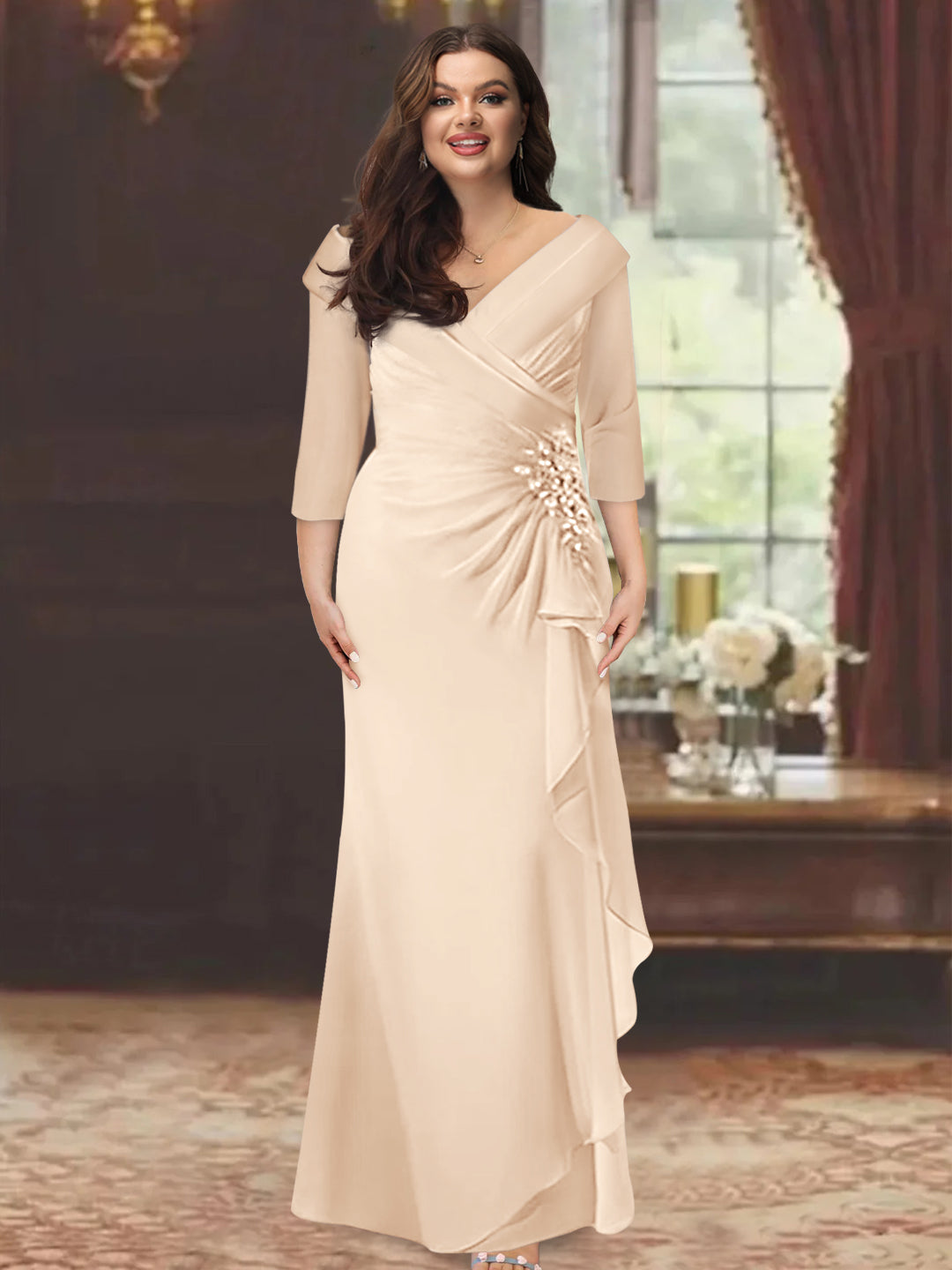 Plus Size Floor-Length V-Neck Sheath Mother of the Bride Dress with Ruffles and Appliques-BMbridal