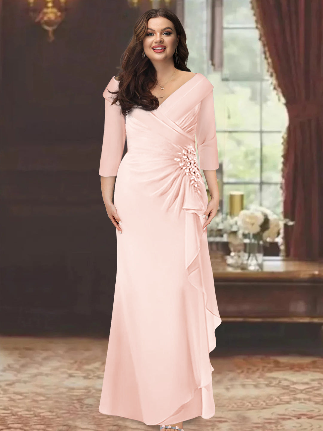 Plus Size Floor-Length V-Neck Sheath Mother of the Bride Dress with Ruffles and Appliques-BMbridal