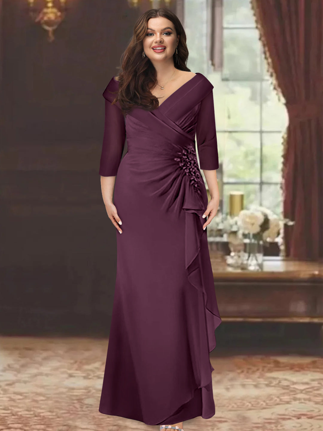 Plus Size Floor-Length V-Neck Sheath Mother of the Bride Dress with Ruffles and Appliques-BMbridal