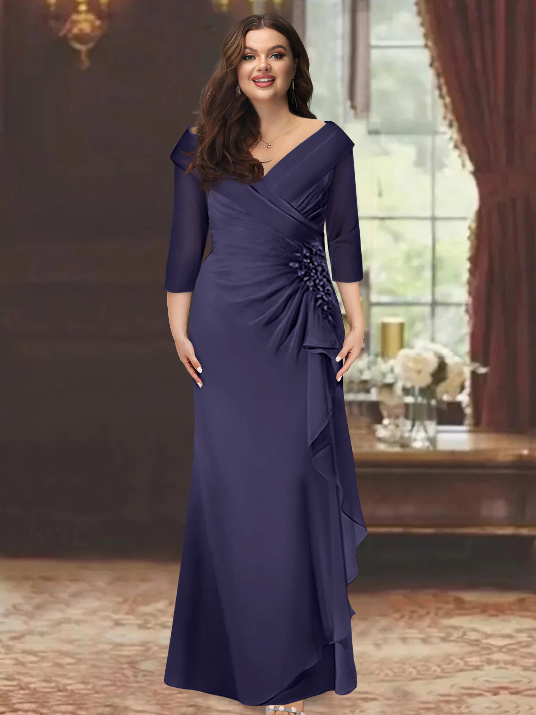 Plus Size Floor-Length V-Neck Sheath Mother of the Bride Dress with Ruffles and Appliques-BMbridal