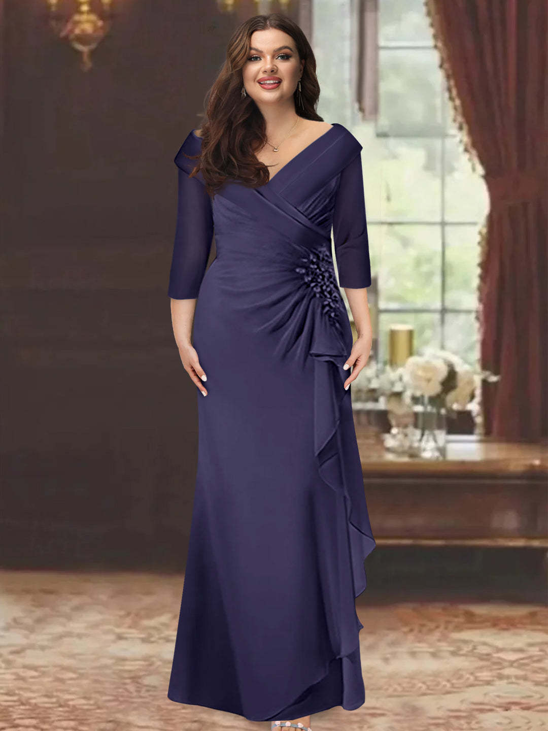 Plus Size Floor-Length V-Neck Sheath Mother of the Bride Dress with Ruffles and Appliques-BMbridal