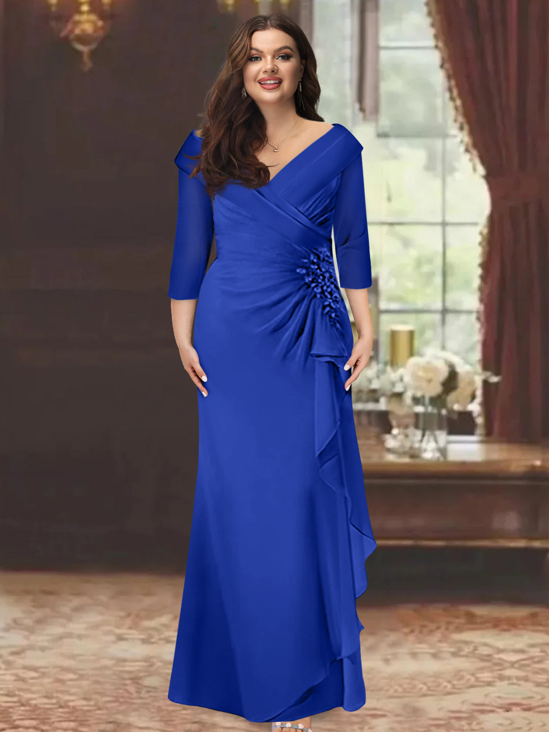 Plus Size Floor-Length V-Neck Sheath Mother of the Bride Dress with Ruffles and Appliques-BMbridal