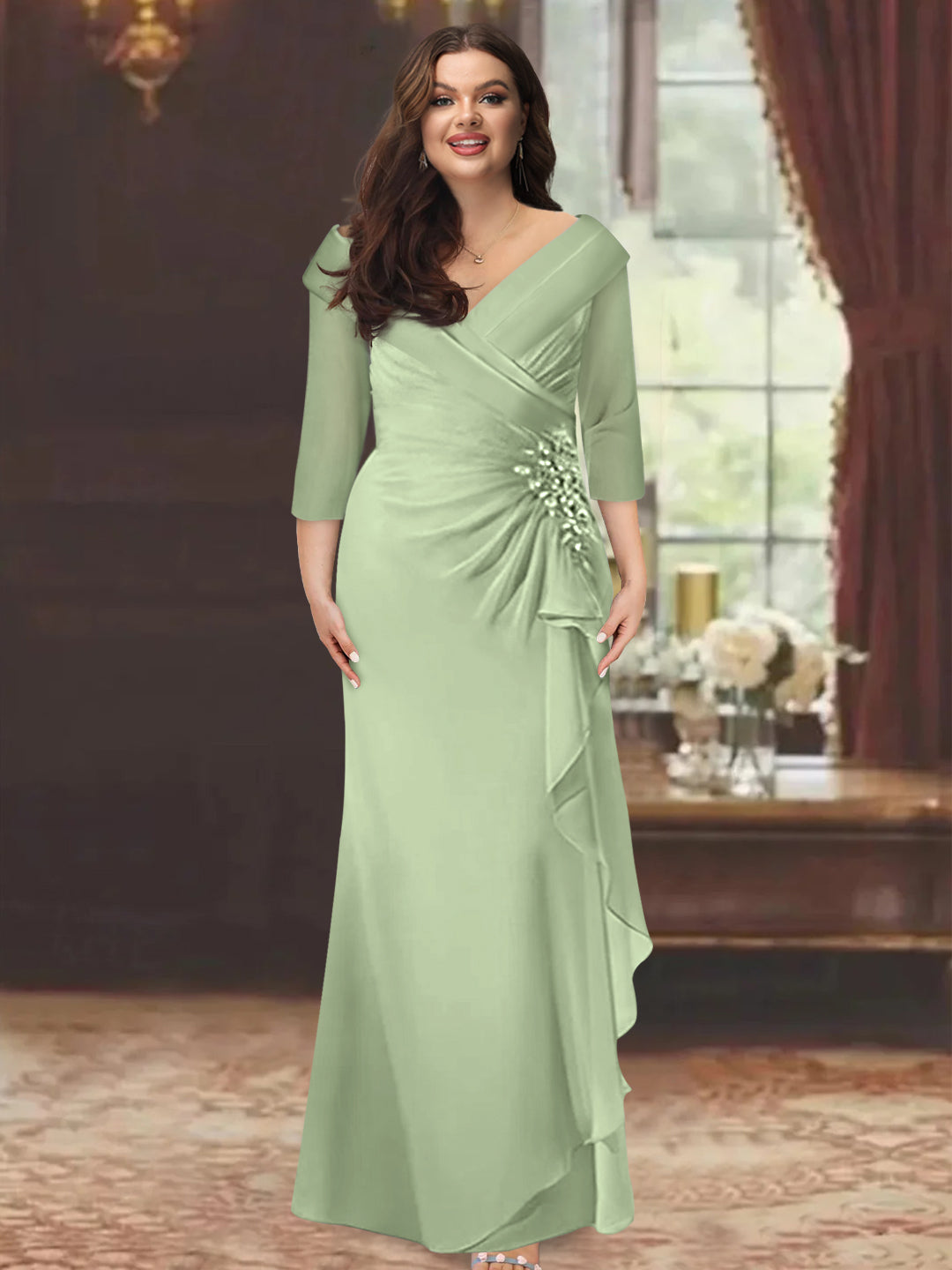 Plus Size Floor-Length V-Neck Sheath Mother of the Bride Dress with Ruffles and Appliques-BMbridal