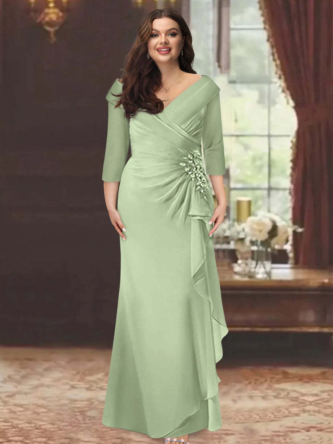 Plus Size Floor-Length V-Neck Sheath Mother of the Bride Dress with Ruffles and Appliques-BMbridal