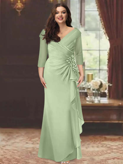 Plus Size Floor-Length V-Neck Sheath Mother of the Bride Dress with Ruffles and Appliques-BMbridal