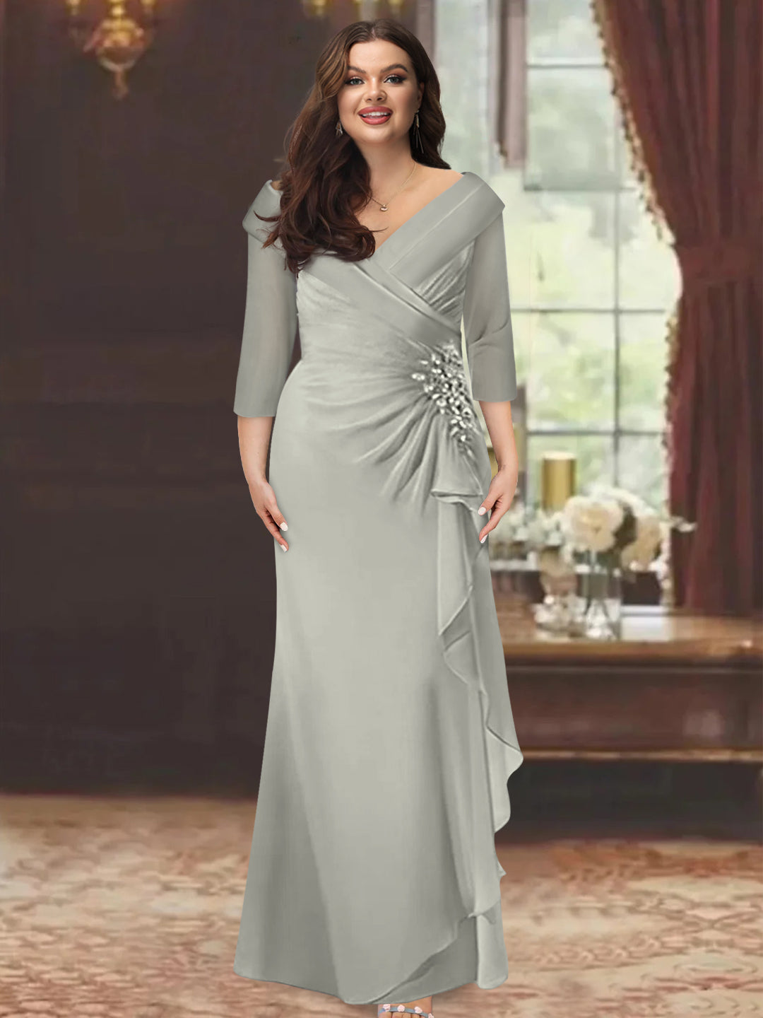 Plus Size Floor-Length V-Neck Sheath Mother of the Bride Dress with Ruffles and Appliques-BMbridal
