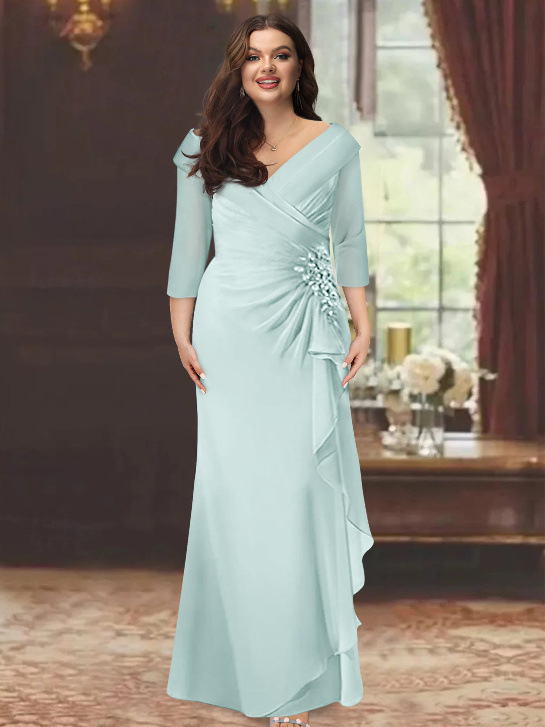 Plus Size Floor-Length V-Neck Sheath Mother of the Bride Dress with Ruffles and Appliques-BMbridal