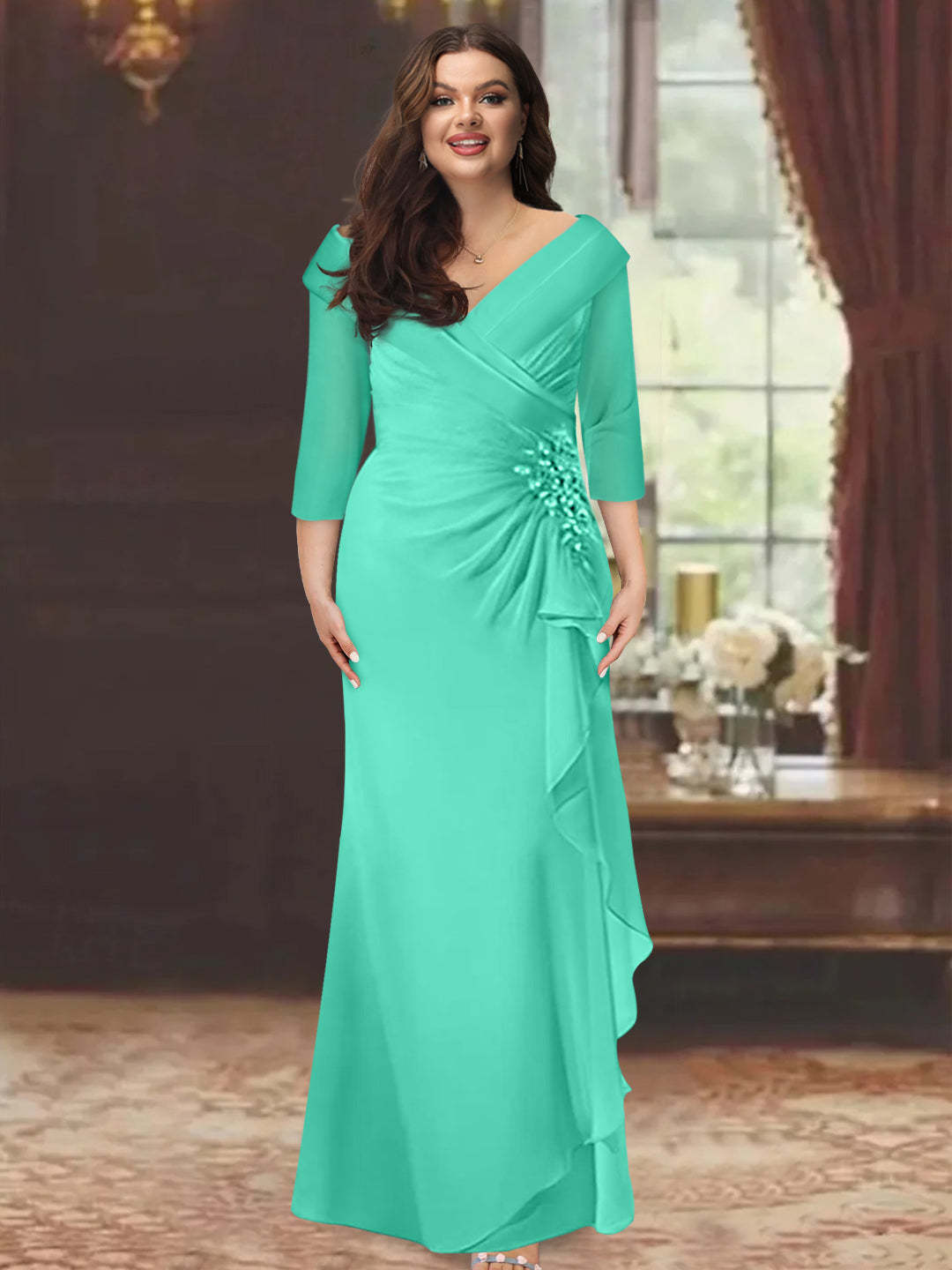 Plus Size Floor-Length V-Neck Sheath Mother of the Bride Dress with Ruffles and Appliques-BMbridal