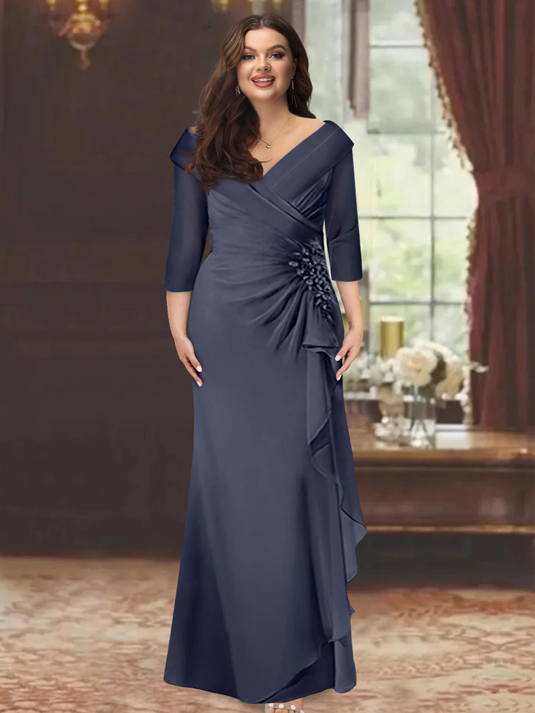 Plus Size Floor-Length V-Neck Sheath Mother of the Bride Dress with Ruffles and Appliques-BMbridal