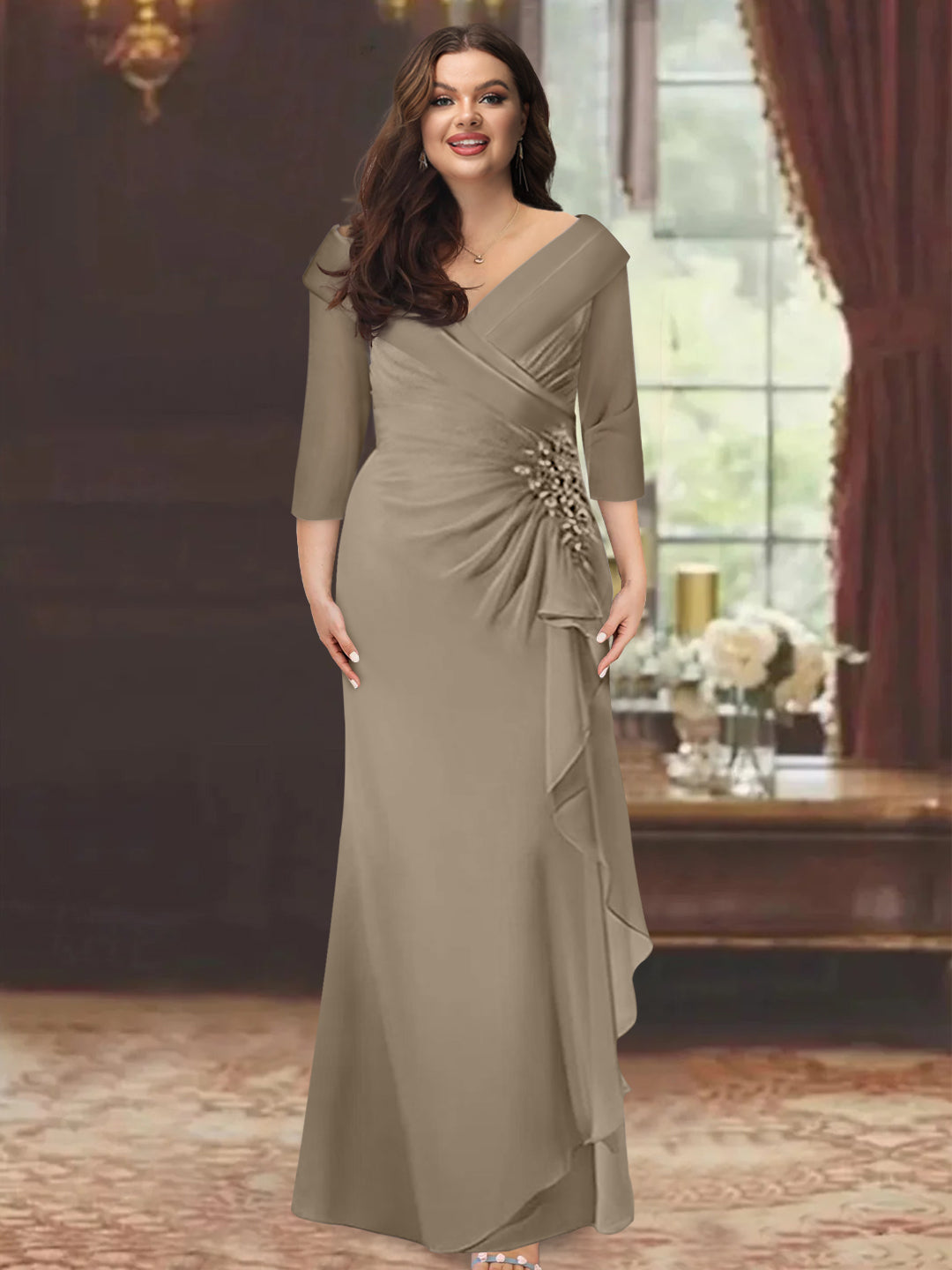 Plus Size Floor-Length V-Neck Sheath Mother of the Bride Dress with Ruffles and Appliques-BMbridal