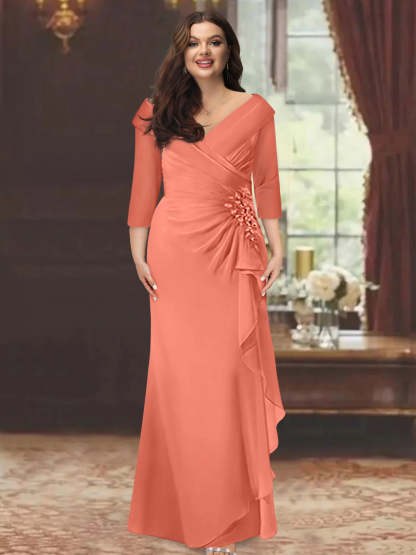 Plus Size Floor-Length V-Neck Sheath Mother of the Bride Dress with Ruffles and Appliques-BMbridal