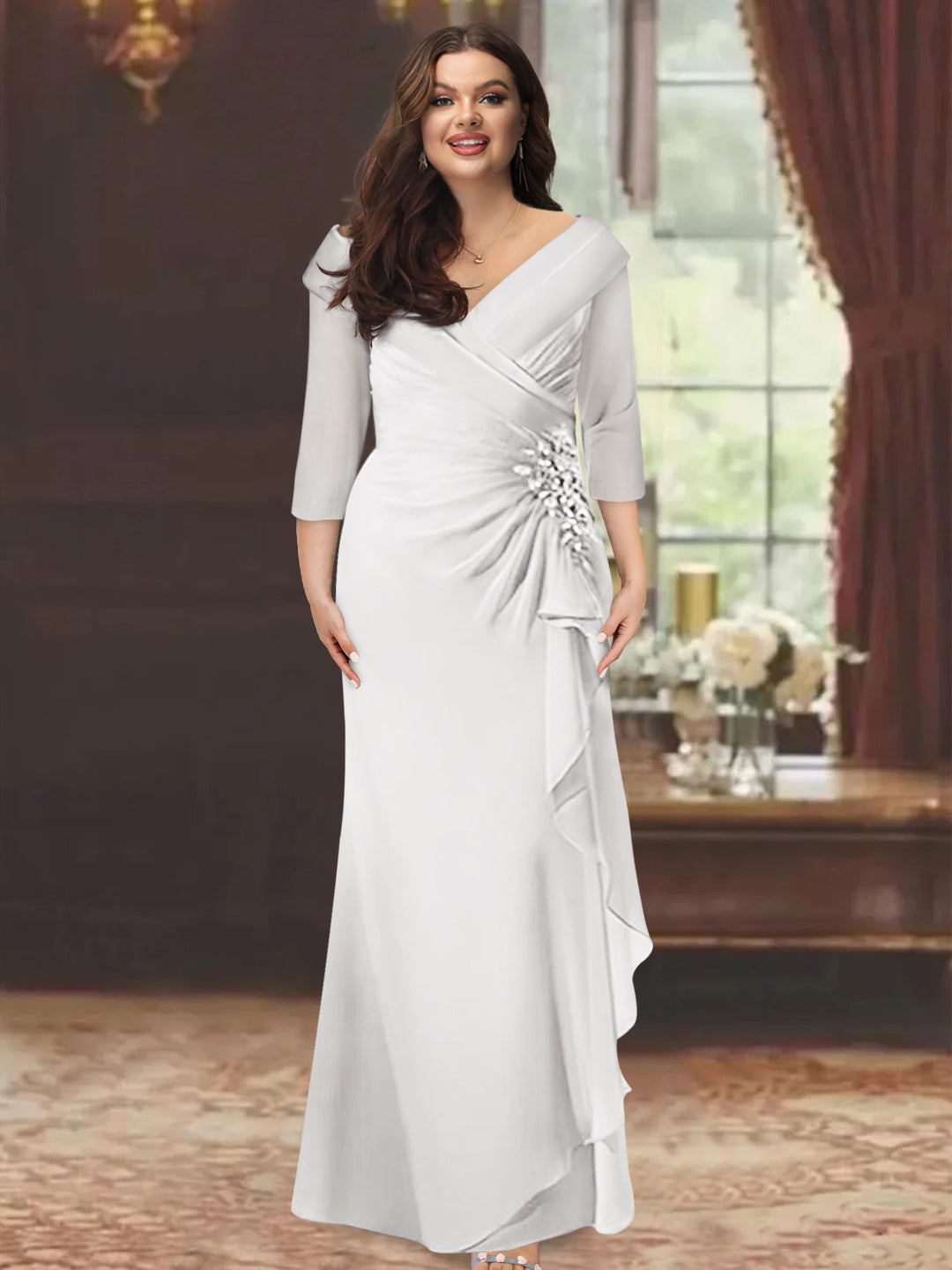 Plus Size Floor-Length V-Neck Sheath Mother of the Bride Dress with Ruffles and Appliques-BMbridal