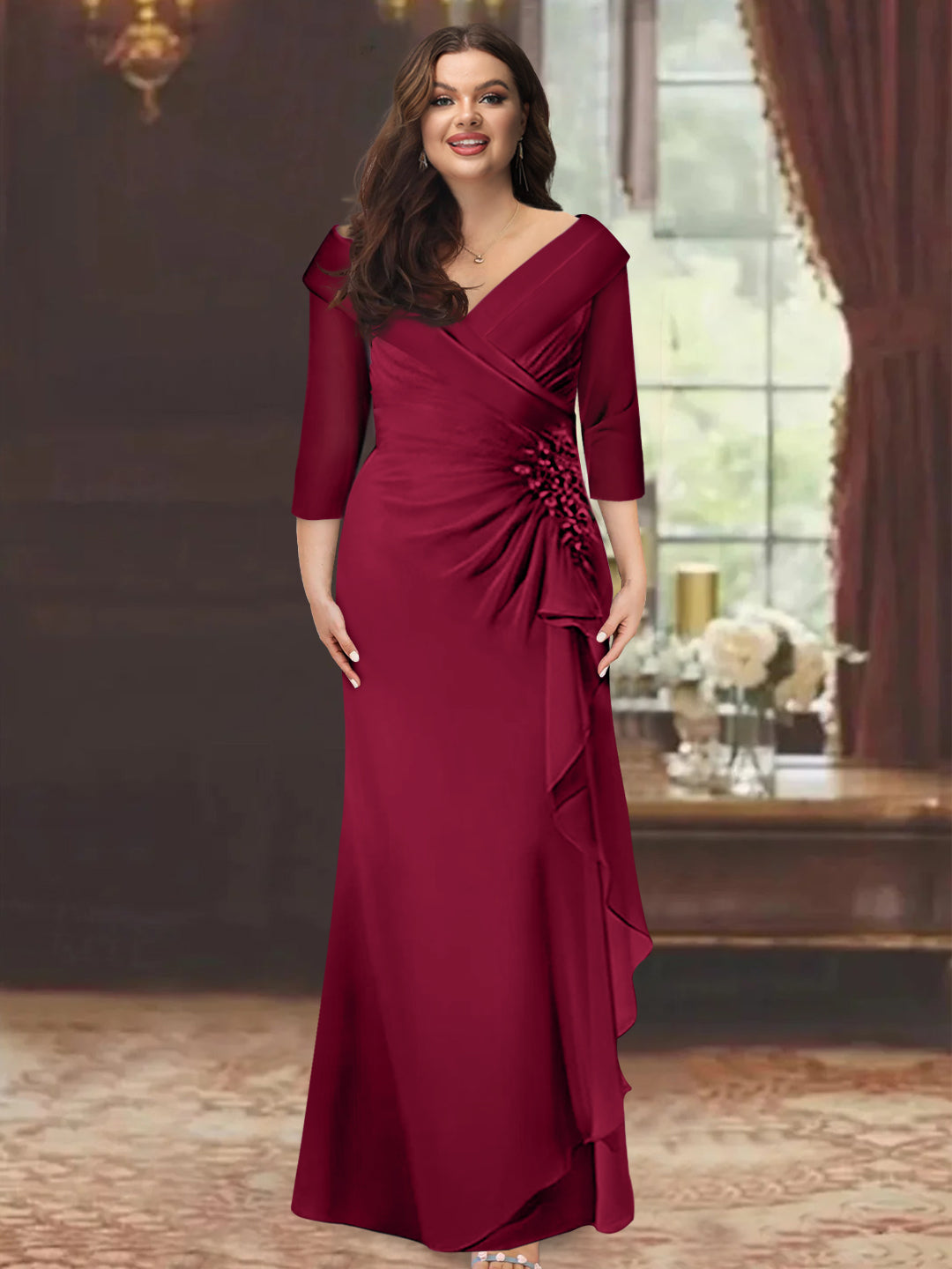 Plus Size Floor-Length V-Neck Sheath Mother of the Bride Dress with Ruffles and Appliques-BMbridal