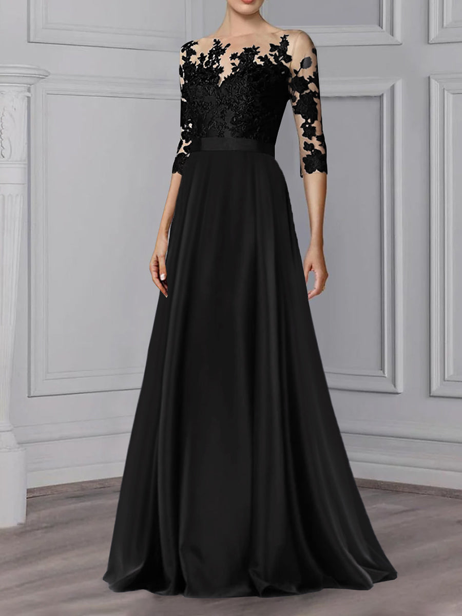 Floor-Length Mother of the Bride A-Line Dress with Jewel Neck and 3/4 Sleeves-BMbridal