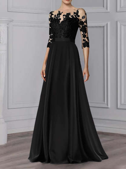 Floor-Length Mother of the Bride A-Line Dress with Jewel Neck and 3/4 Sleeves-BMbridal