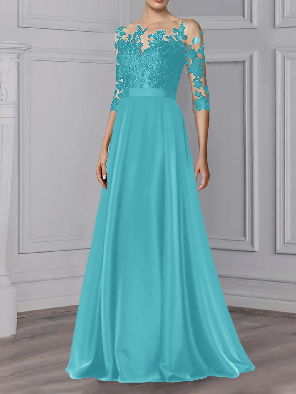 Floor-Length Mother of the Bride A-Line Dress with Jewel Neck and 3/4 Sleeves-BMbridal