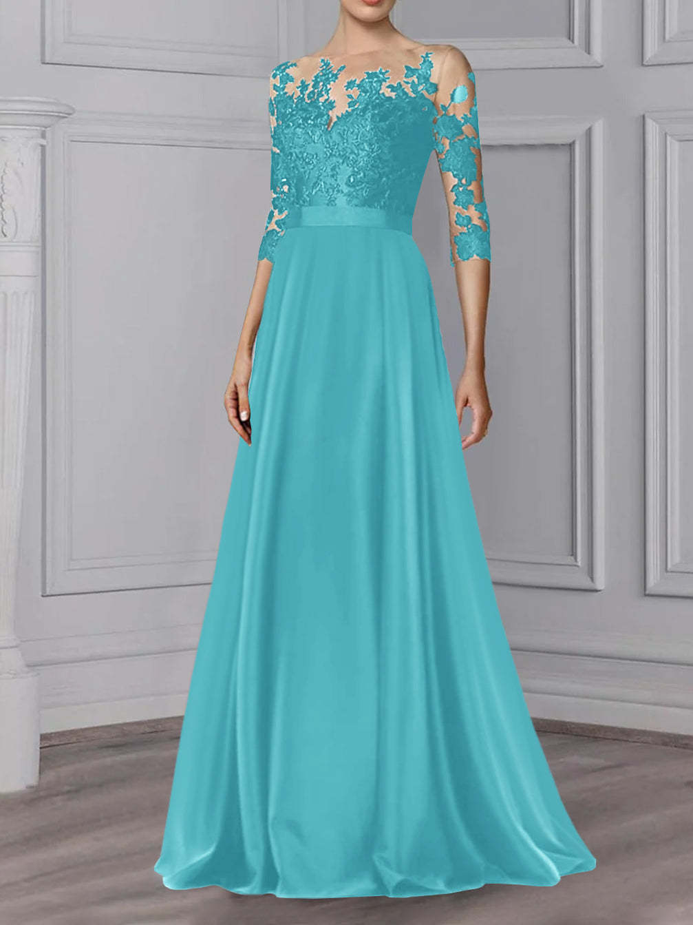 Floor-Length Mother of the Bride A-Line Dress with Jewel Neck and 3/4 Sleeves-BMbridal