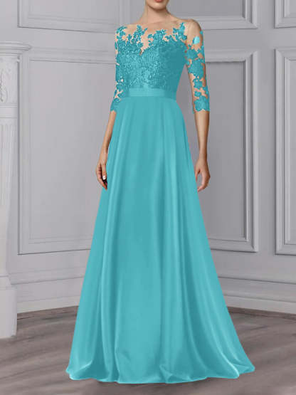 Floor-Length Mother of the Bride A-Line Dress with Jewel Neck and 3/4 Sleeves-BMbridal