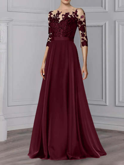 Floor-Length Mother of the Bride A-Line Dress with Jewel Neck and 3/4 Sleeves-BMbridal