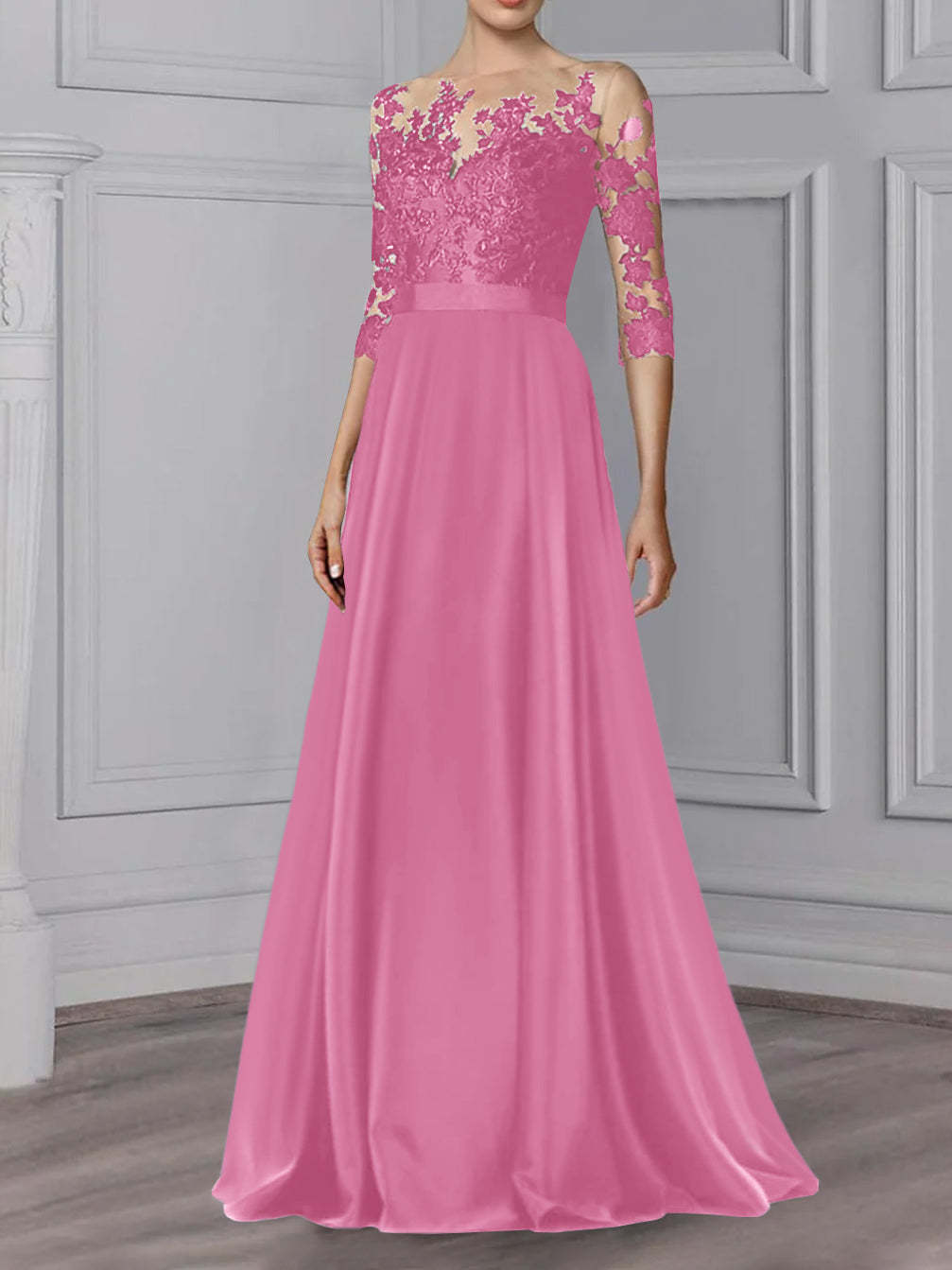 Floor-Length Mother of the Bride A-Line Dress with Jewel Neck and 3/4 Sleeves-BMbridal
