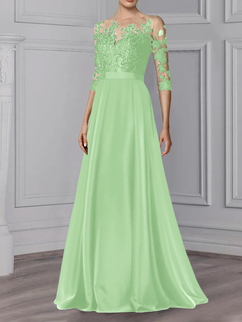 Floor-Length Mother of the Bride A-Line Dress with Jewel Neck and 3/4 Sleeves-BMbridal