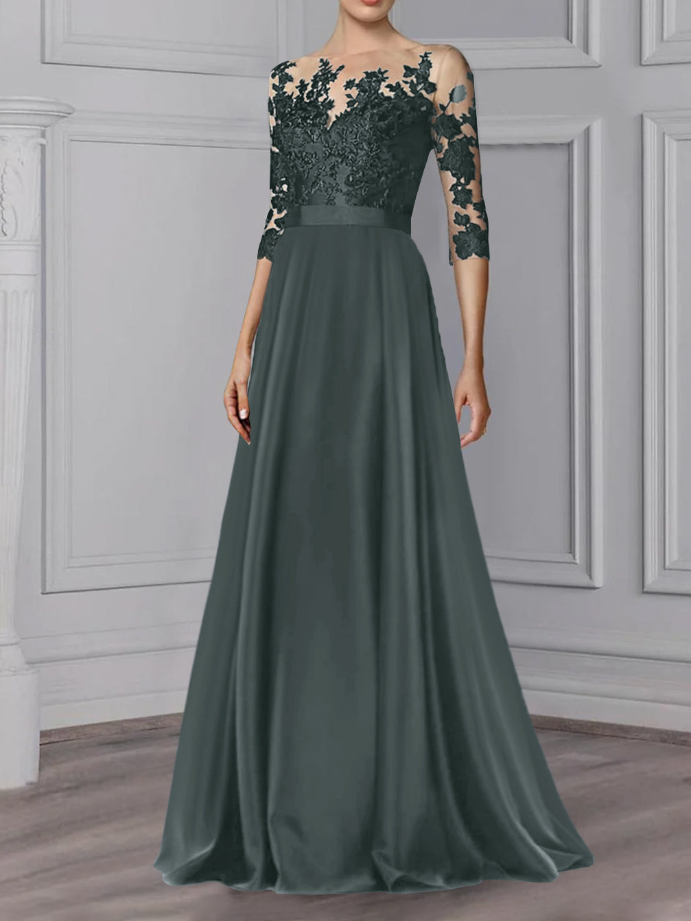 Floor-Length Mother of the Bride A-Line Dress with Jewel Neck and 3/4 Sleeves-BMbridal