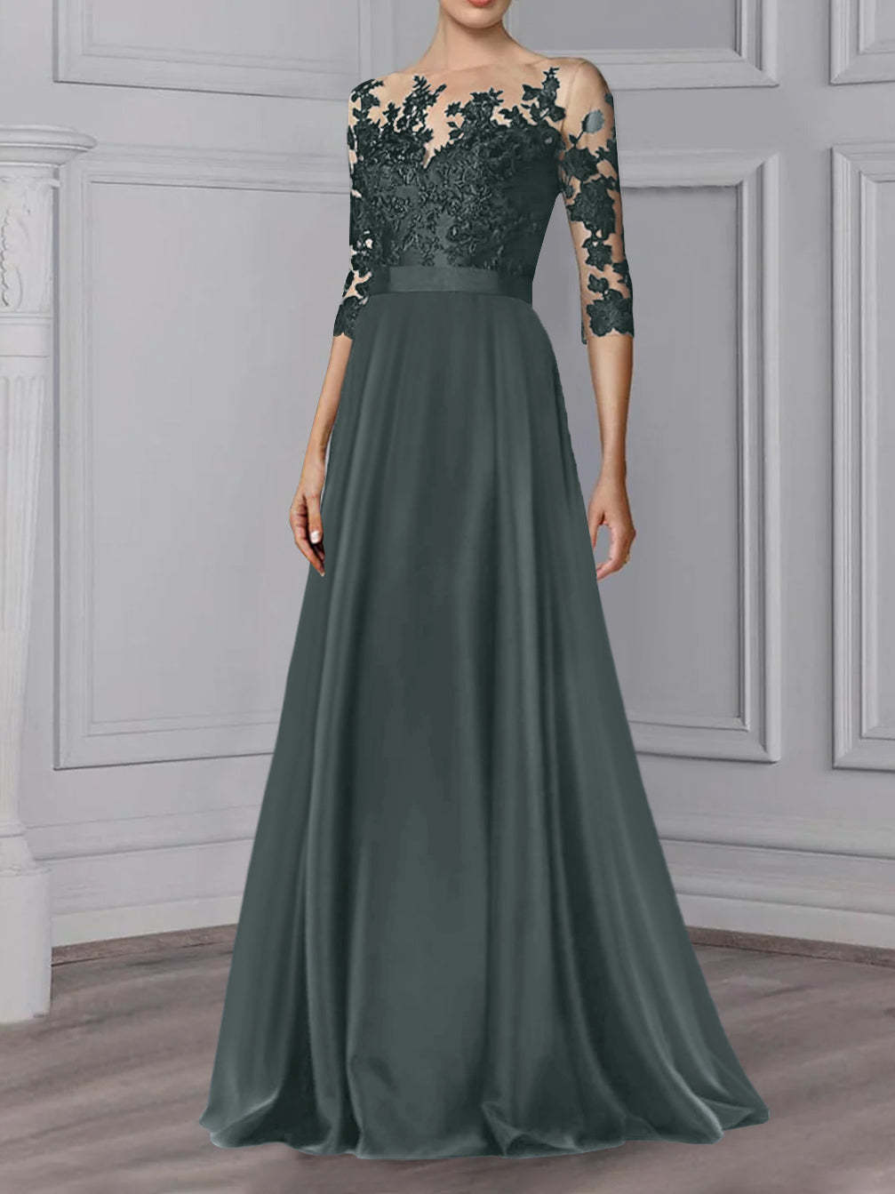 Floor-Length Mother of the Bride A-Line Dress with Jewel Neck and 3/4 Sleeves-BMbridal