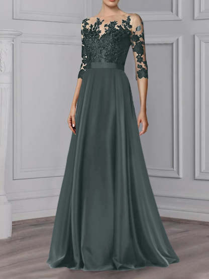 Floor-Length Mother of the Bride A-Line Dress with Jewel Neck and 3/4 Sleeves-BMbridal