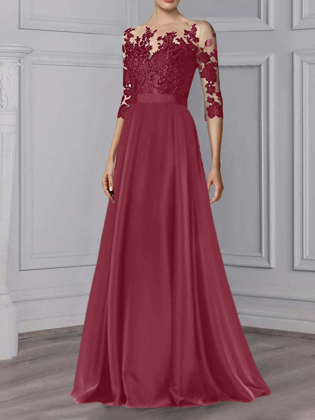 Floor-Length Mother of the Bride A-Line Dress with Jewel Neck and 3/4 Sleeves-BMbridal