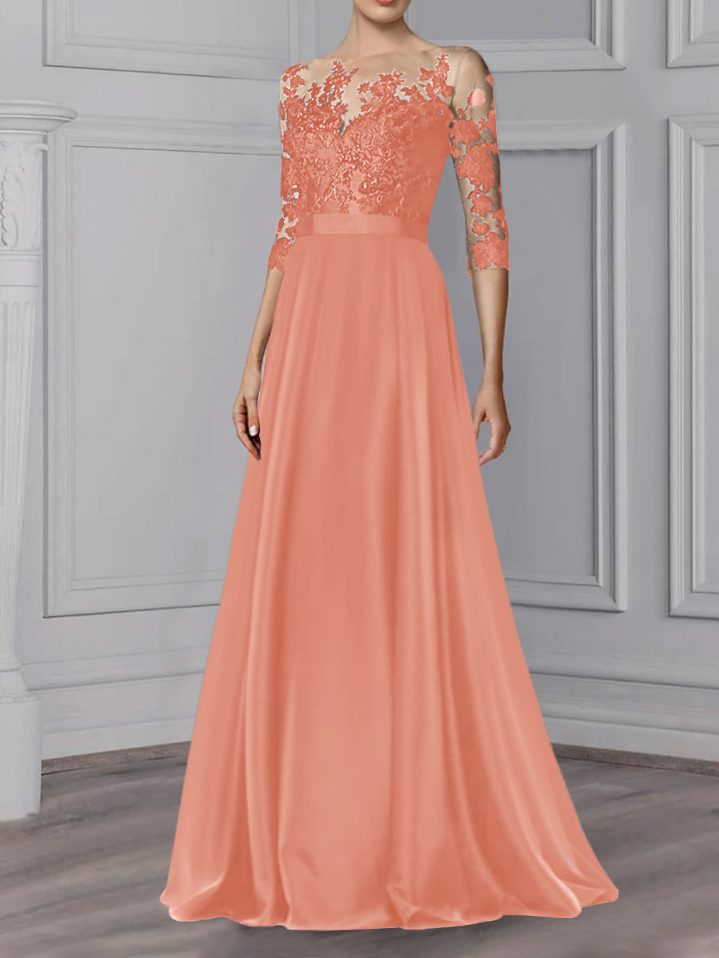 Floor-Length Mother of the Bride A-Line Dress with Jewel Neck and 3/4 Sleeves-BMbridal
